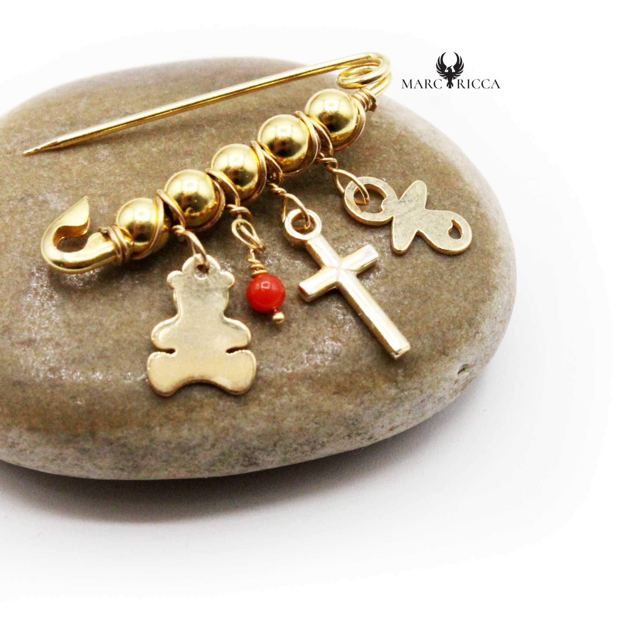 Broche Vermeil Corail Perle, Nounours, Croix & Tétine