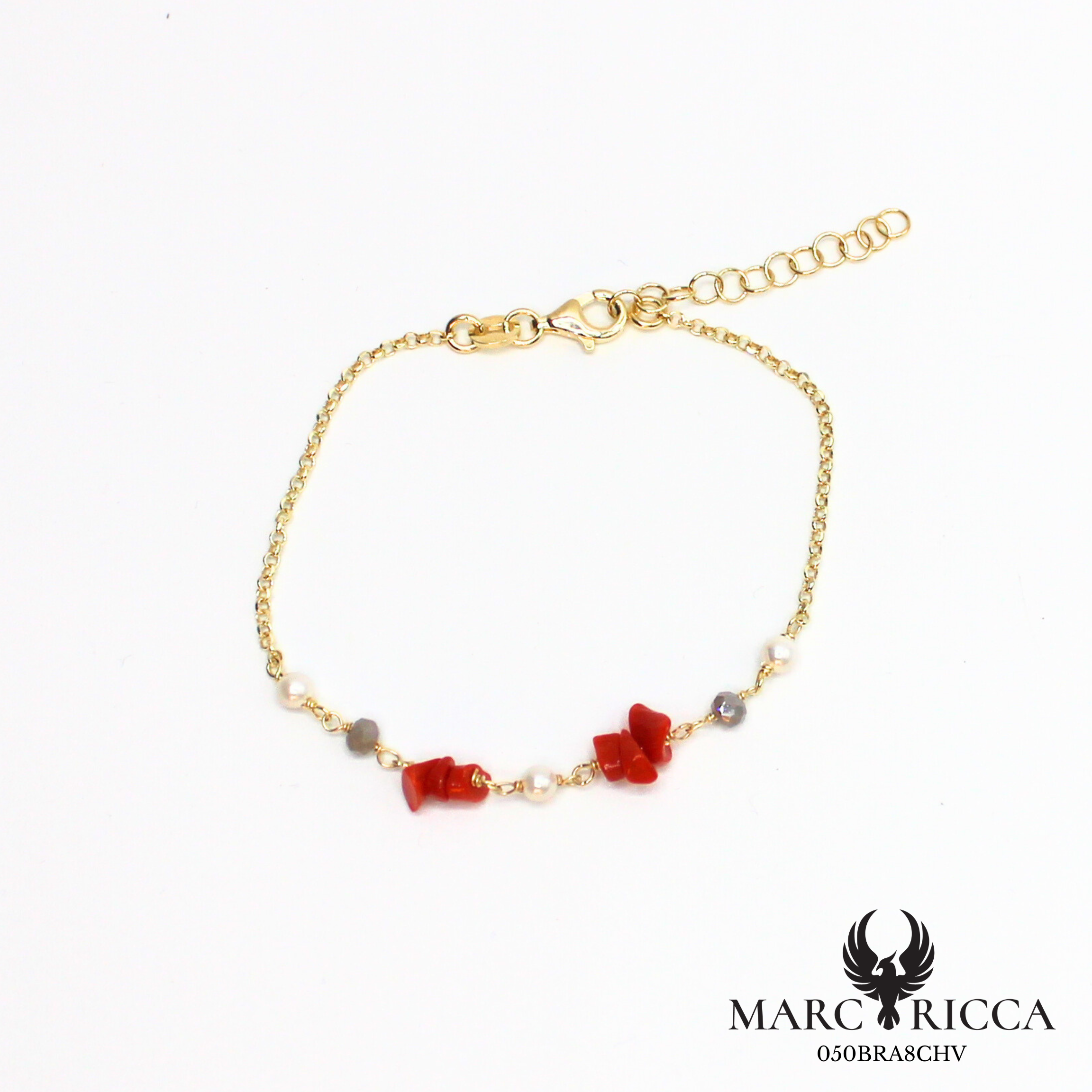 Bracelet chaine en vermeil avec corail chips, perles et cristal