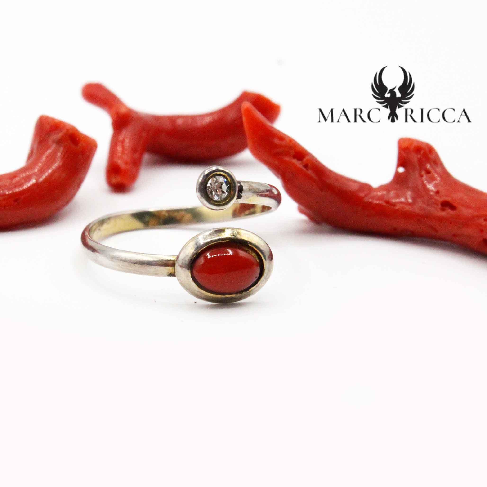 Bague Argent Corail Cabochon Oval & Zirconium
