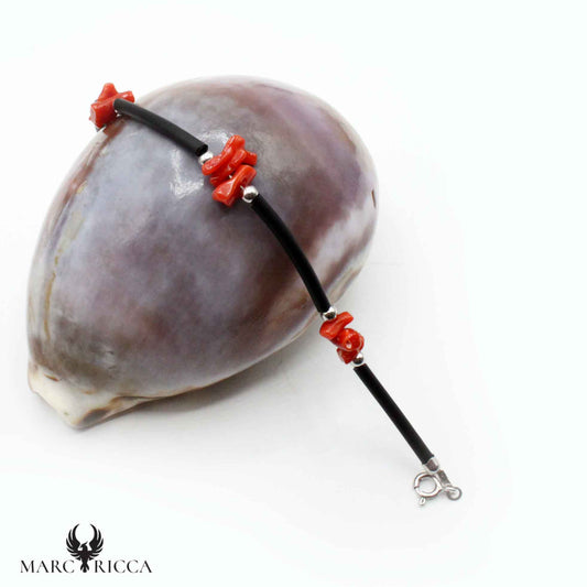 Bracelet Argent Caoutchouc & Corail