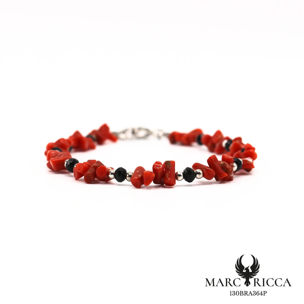 Bracelet corail cupolino et cristal noir en argent 925