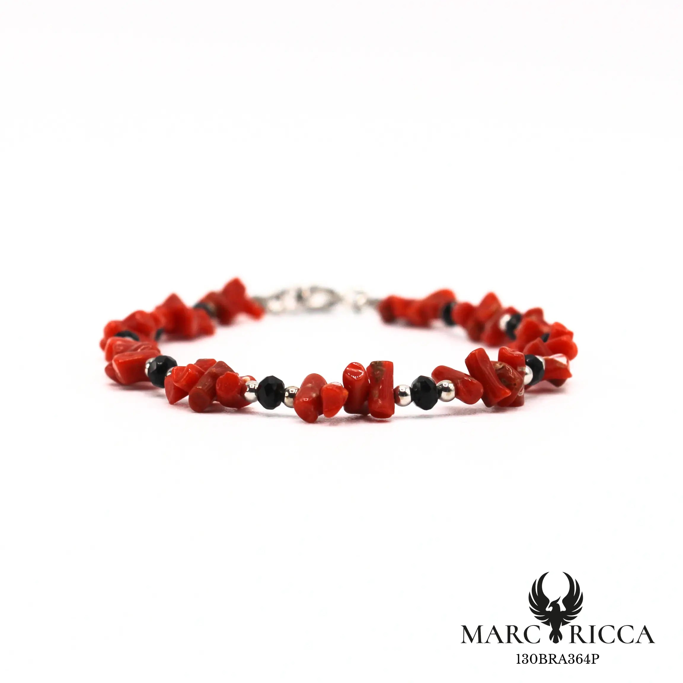 Bracelet corail cupolino et cristal noir en argent 925