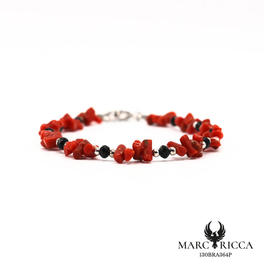 Bracelet corail cupolino et cristal noir en argent 925