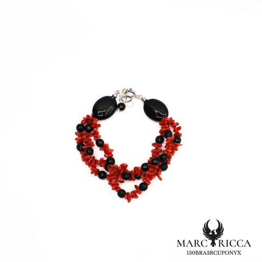 Bracelet 3 rangs en corail cupolino et perles d'onyx