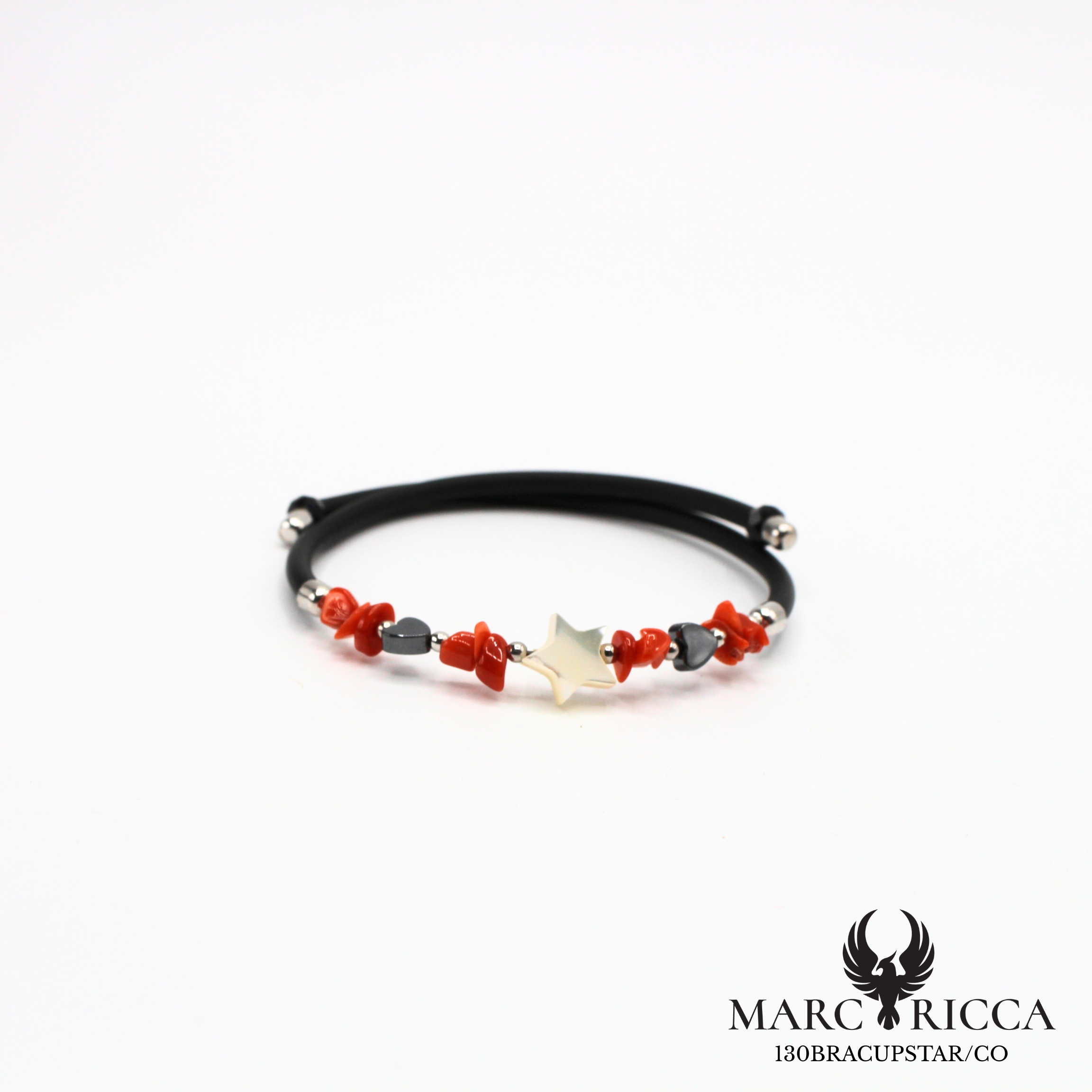 Bracelet jonc avec corail, cœurs en hématite et une étoile en nacre
