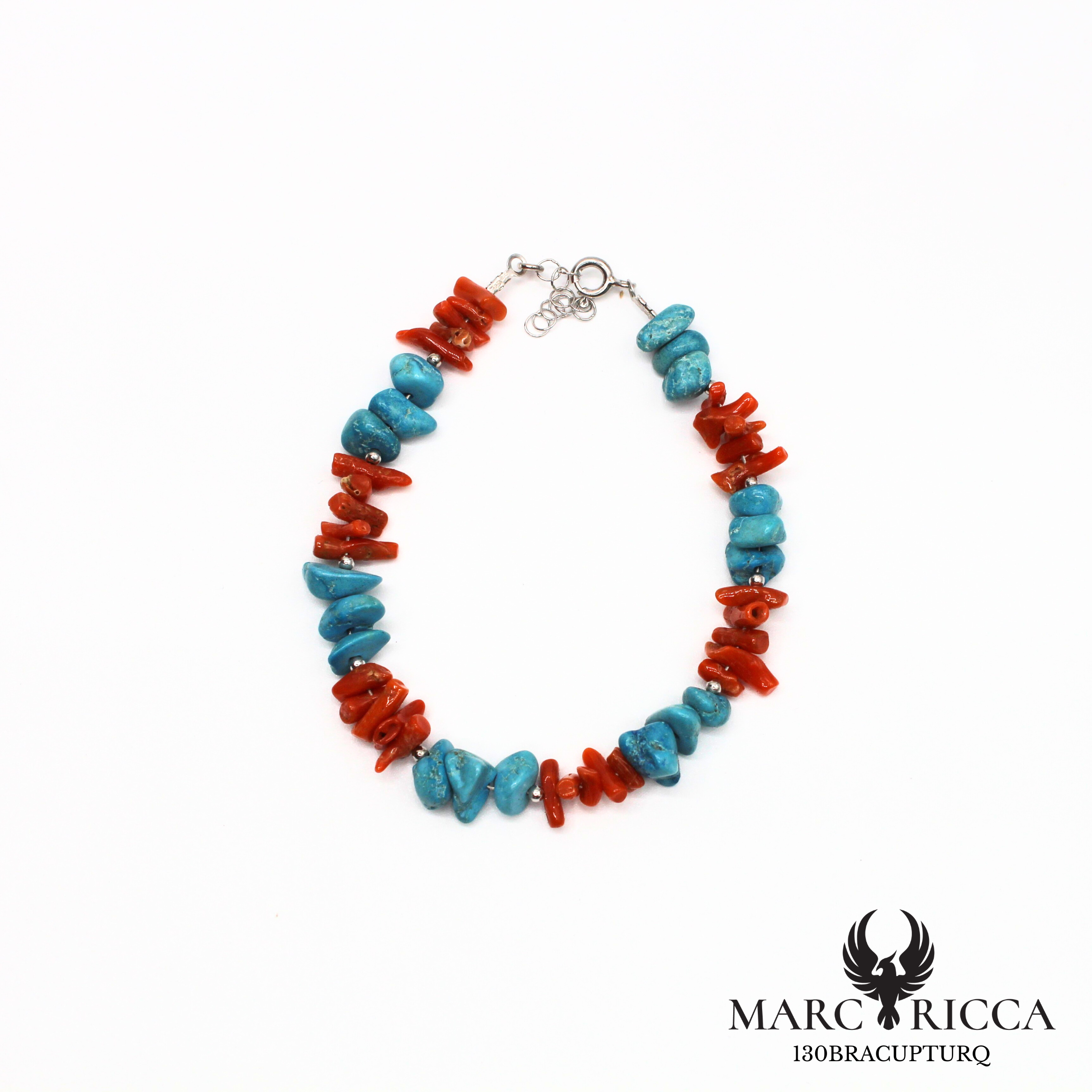 Bracelet en corail cupolino, turquoise et argent