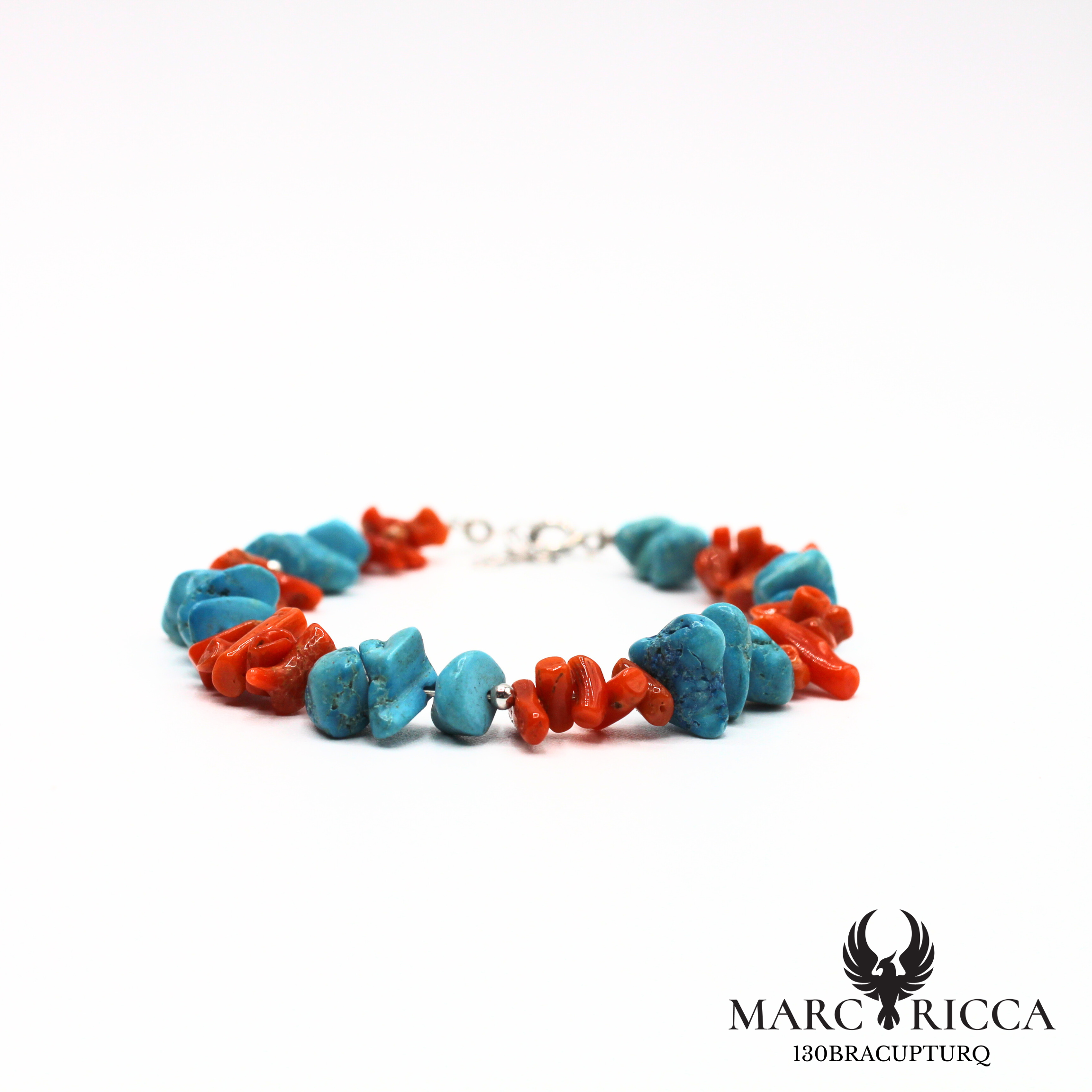 Bracelet en corail cupolino, turquoise et argent