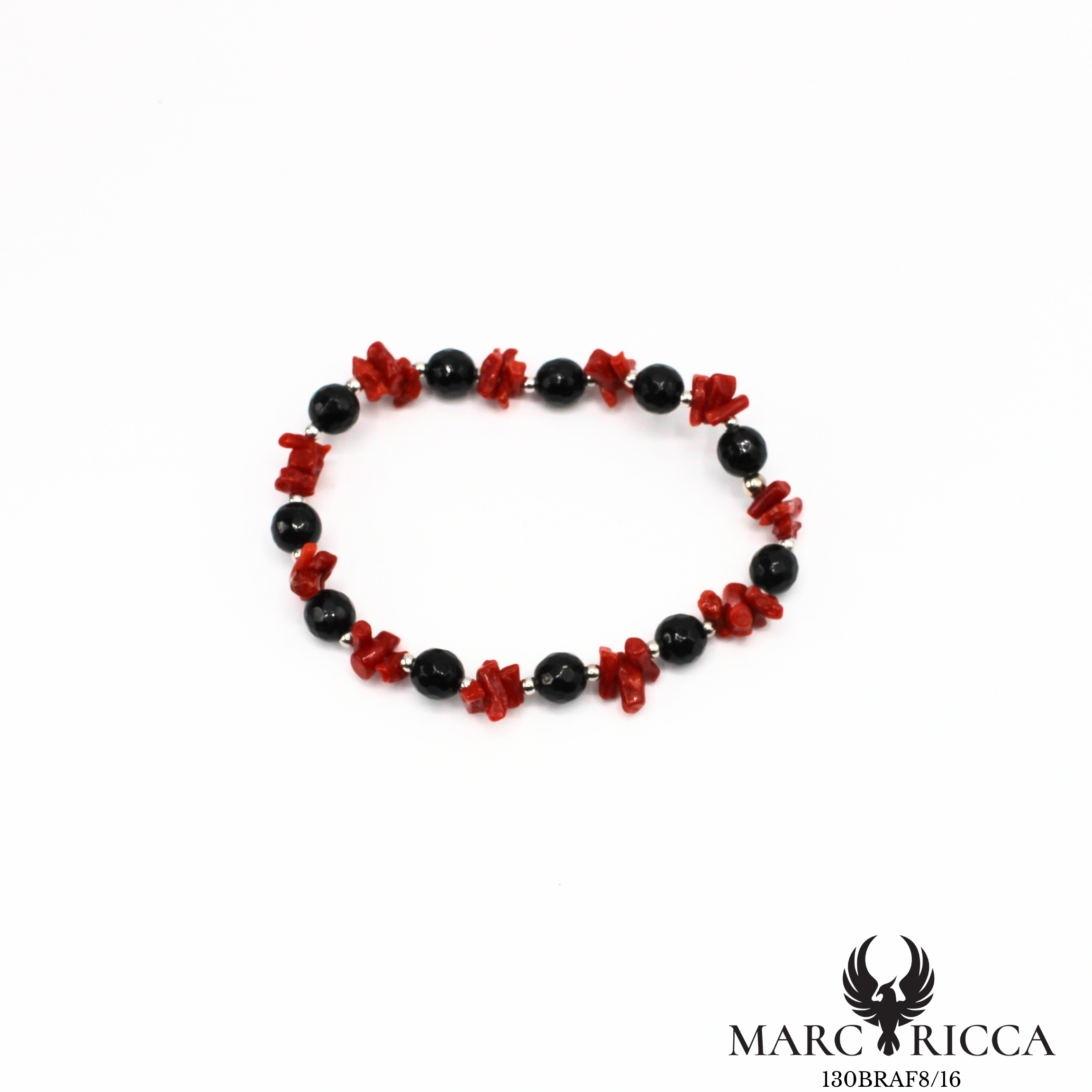 Bracelet élastique corail cupolino et cristal noir argent ou vermeil