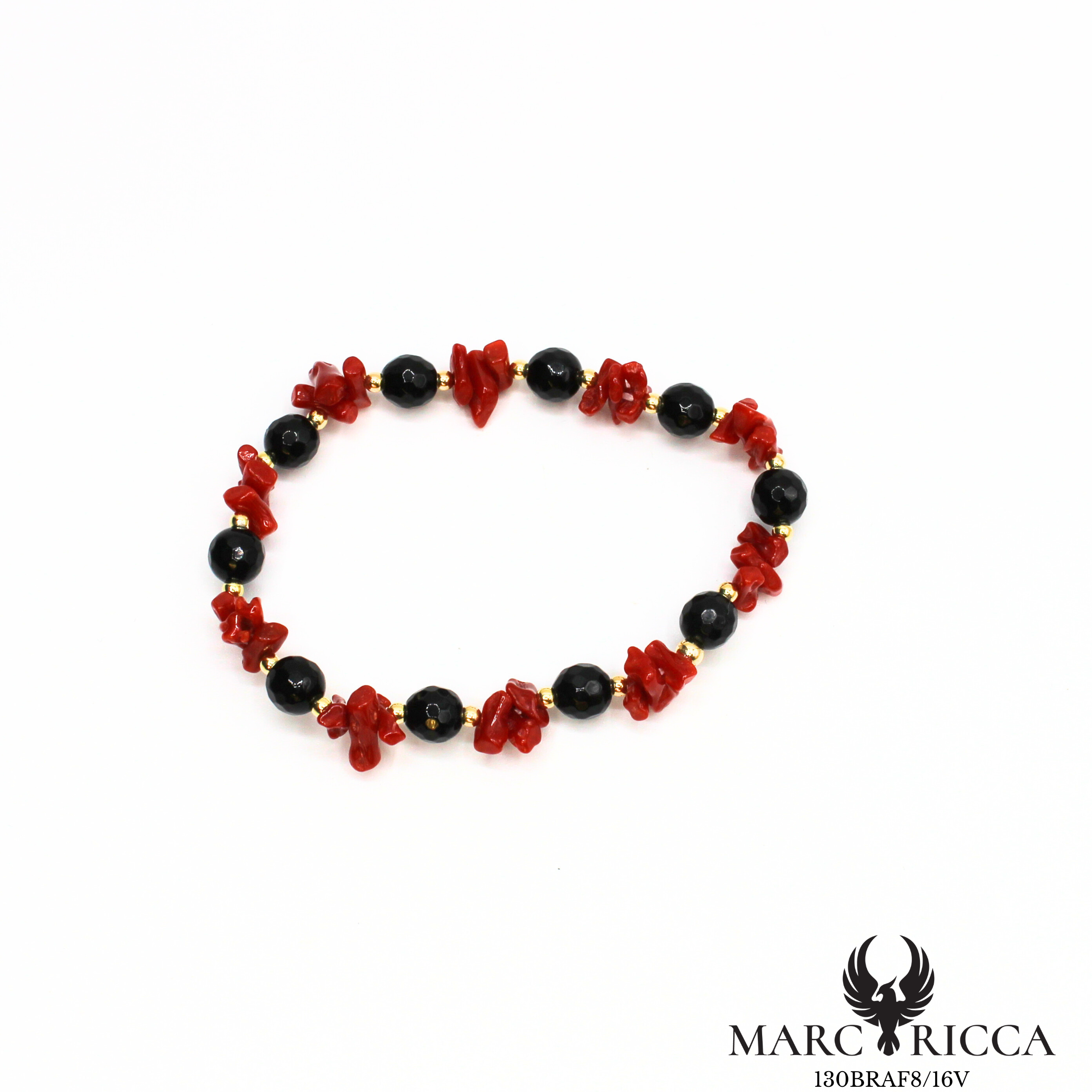 Bracelet élastique corail cupolino et cristal noir argent ou vermeil