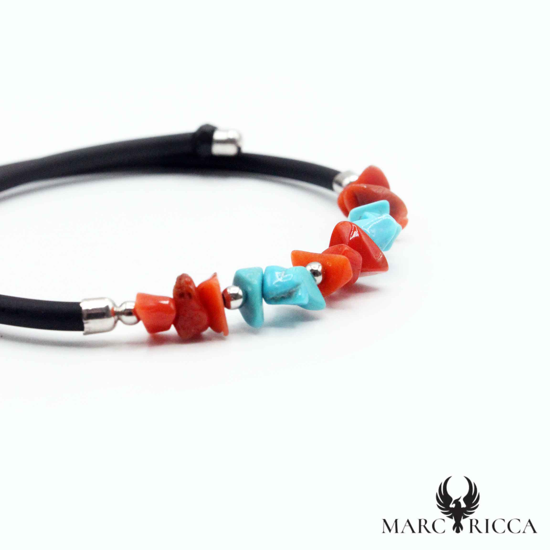 Bracelet Argent Caoutchouc Corail & Turquoise