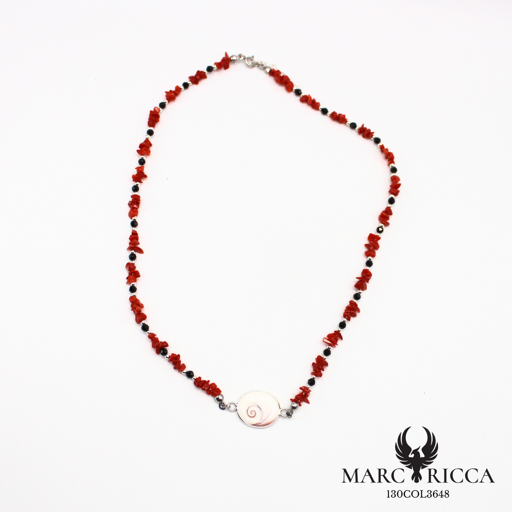 Collier corail, œil de Sainte Lucie et cristal noir en argent