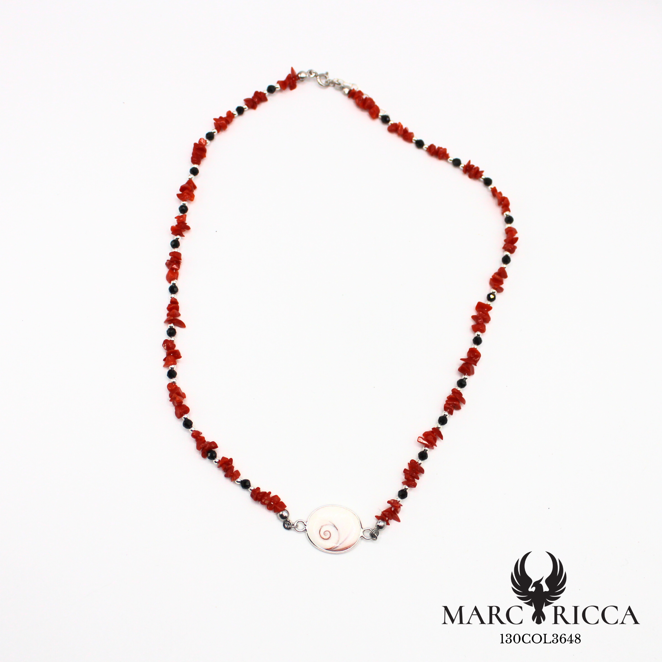 Collier corail, œil de Sainte Lucie et cristal noir en argent