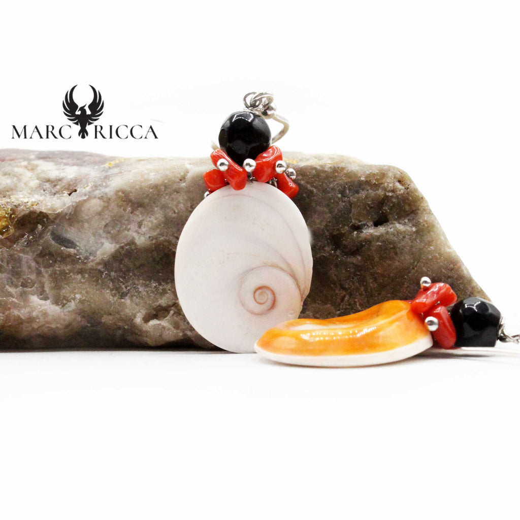 Boucles Argent Œil de St-Lucie, Corail & onyx