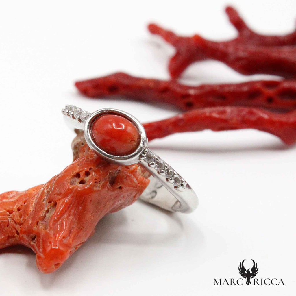 Bague Argent Corail Cabochon Ovale & Zirconium