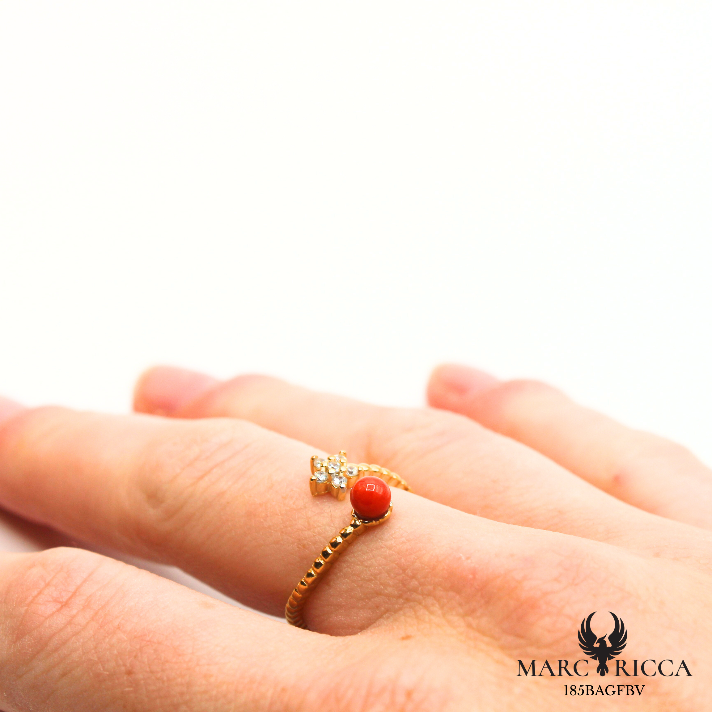 Bague argent ou vermeil avec corail fleur zirconium