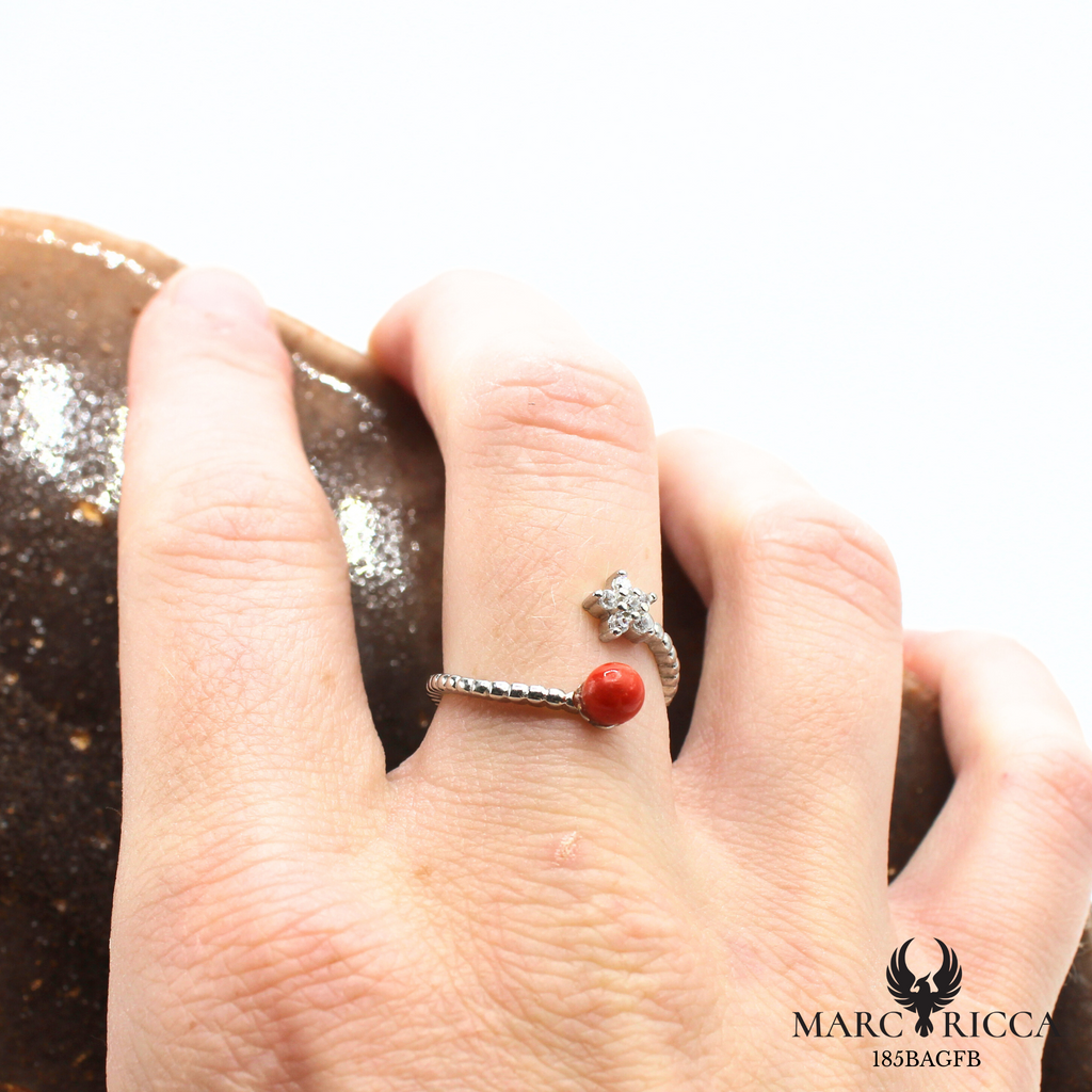 Bague argent ou vermeil avec corail fleur zirconium