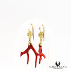 Boucles d'oreilles pendantes branches de corail et trèfles