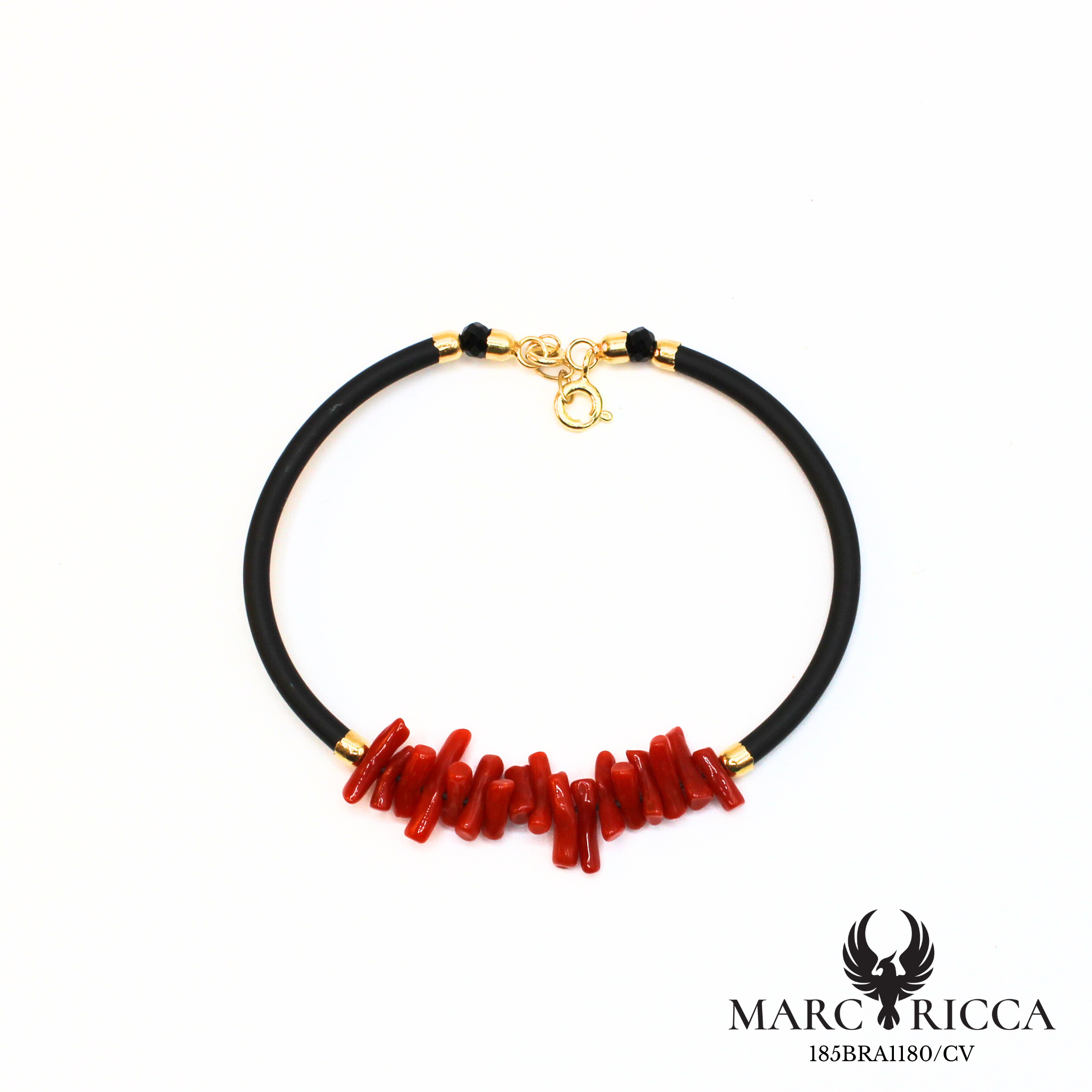 Bracelet jonc en corail cupolino et caoutchouc en vermeil