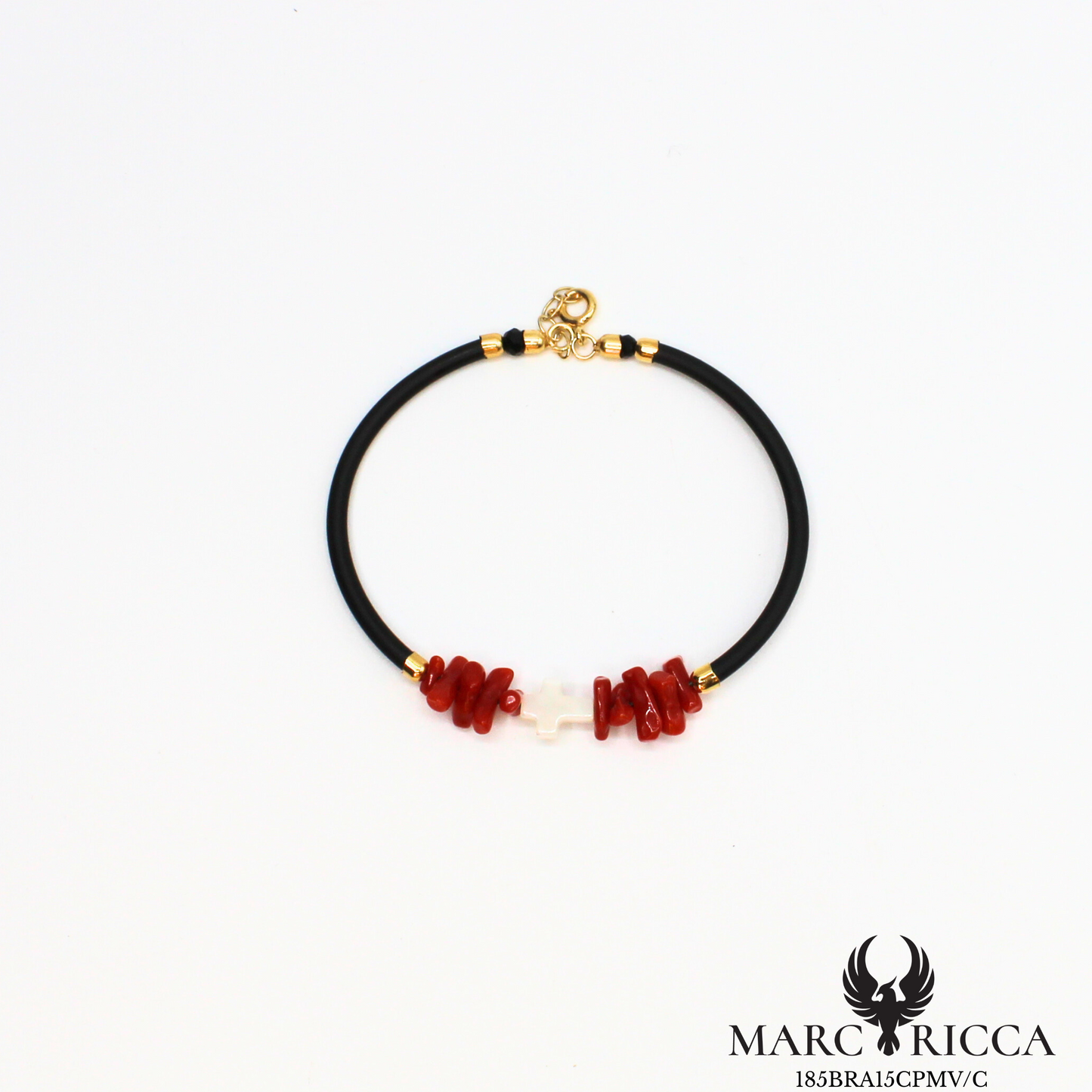 Bracelet jonc en caoutchouc avec corail cupolino et croix en nacre