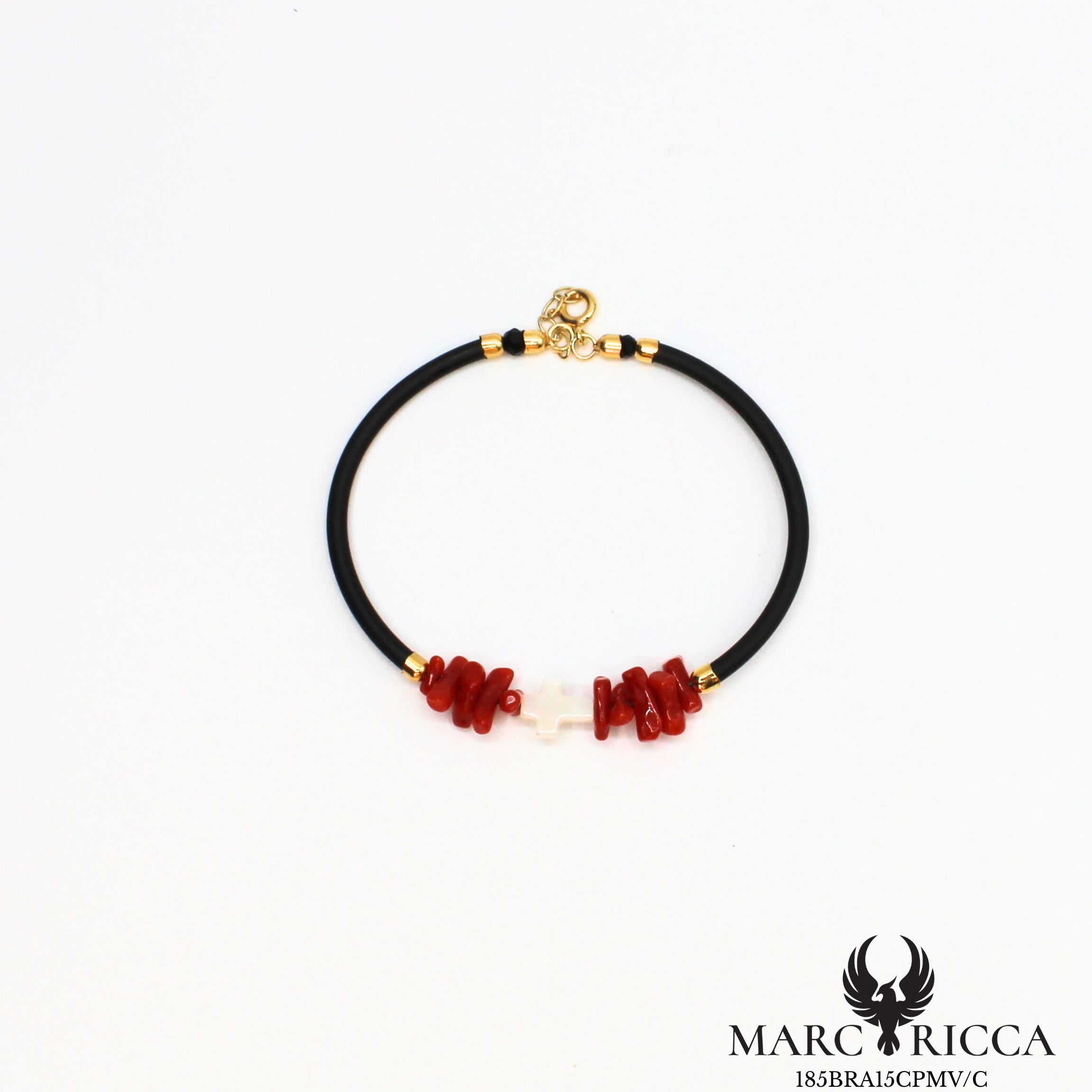 Bracelet jonc en caoutchouc avec corail cupolino et croix en nacre