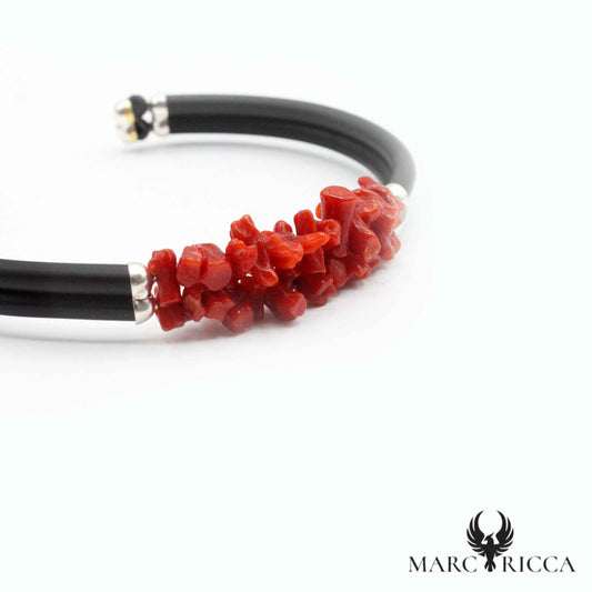 Bracelet Jonc Argent Caoutchouc 2 Rangs Corail