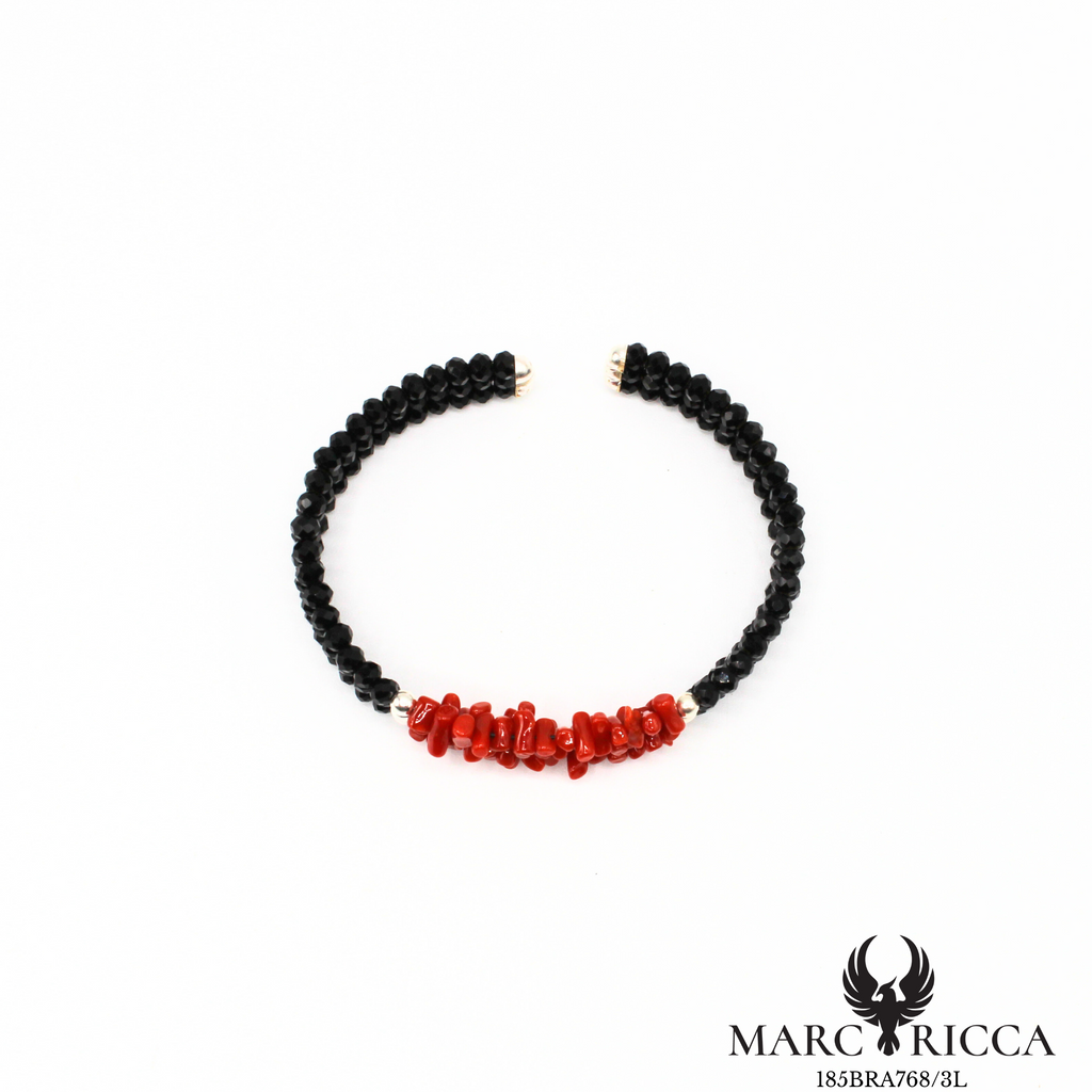 Bracelet jonc corail et cristal noir 3 rangs