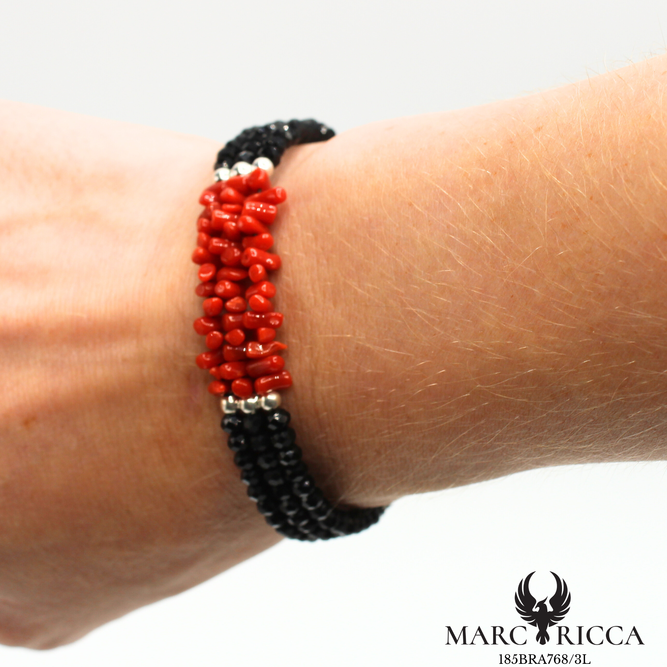 Bracelet jonc corail et cristal noir 3 rangs