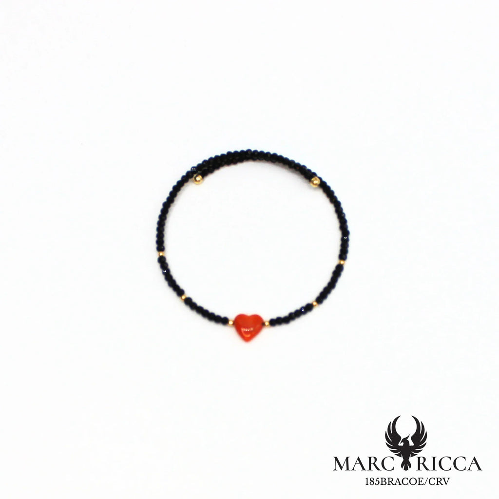 Bracelet jonc cristal noir et cœur en corail