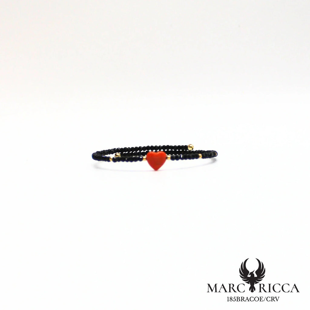 Bracelet jonc cristal noir et cœur en corail