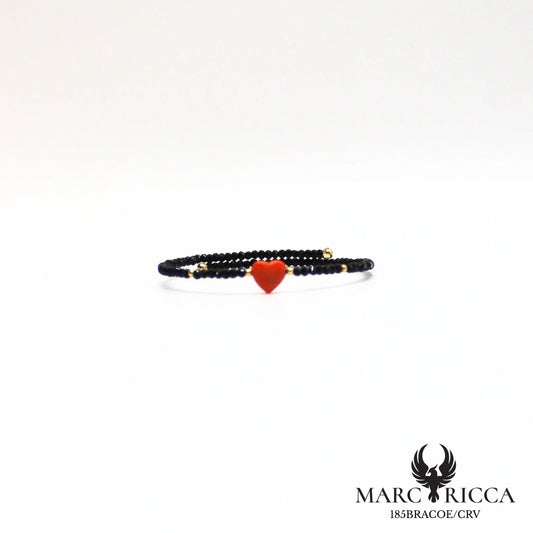 Bracelet jonc cristal noir et cœur en corail