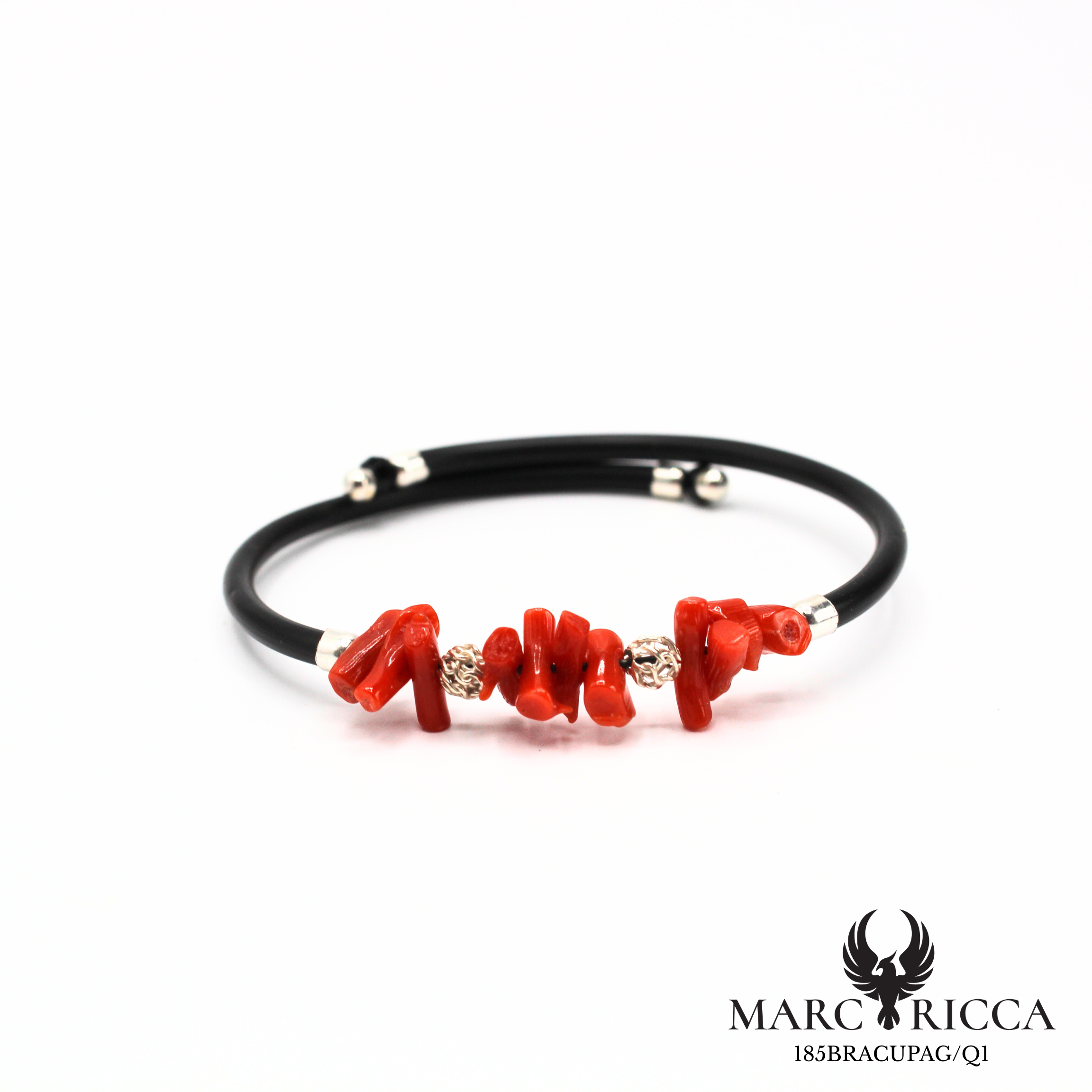 Bracelet jonc caoutchouc avec corail cupolino et perles en argent
