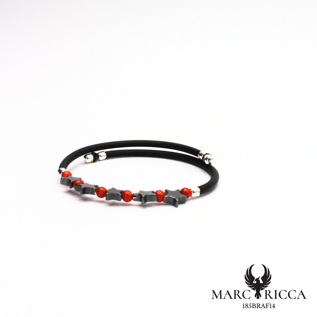 Jonc en Caoutchouc avec Perles de Corail Rouge & 5 Étoiles en Hématite
