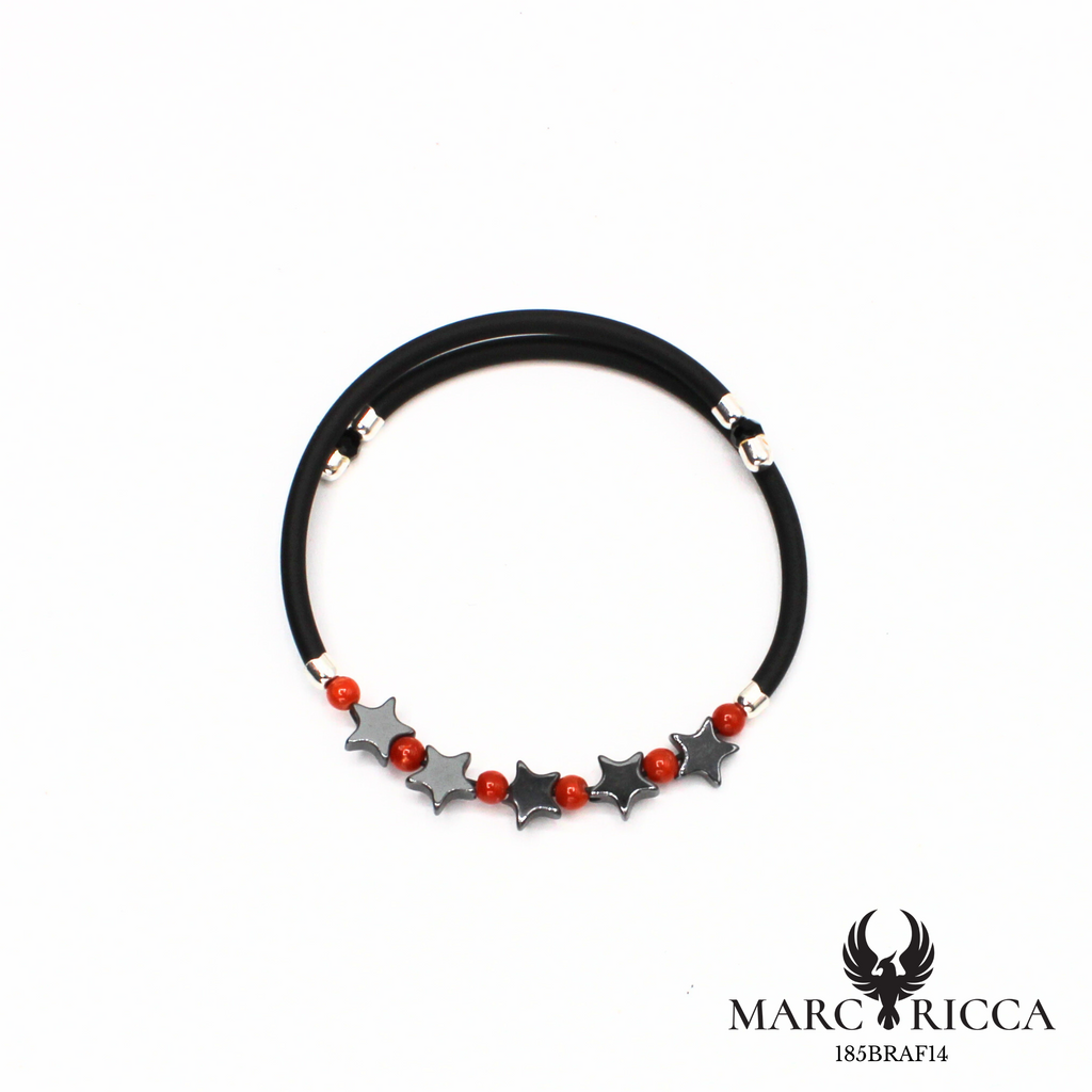Jonc en Caoutchouc avec Perles de Corail Rouge & 5 Étoiles en Hématite