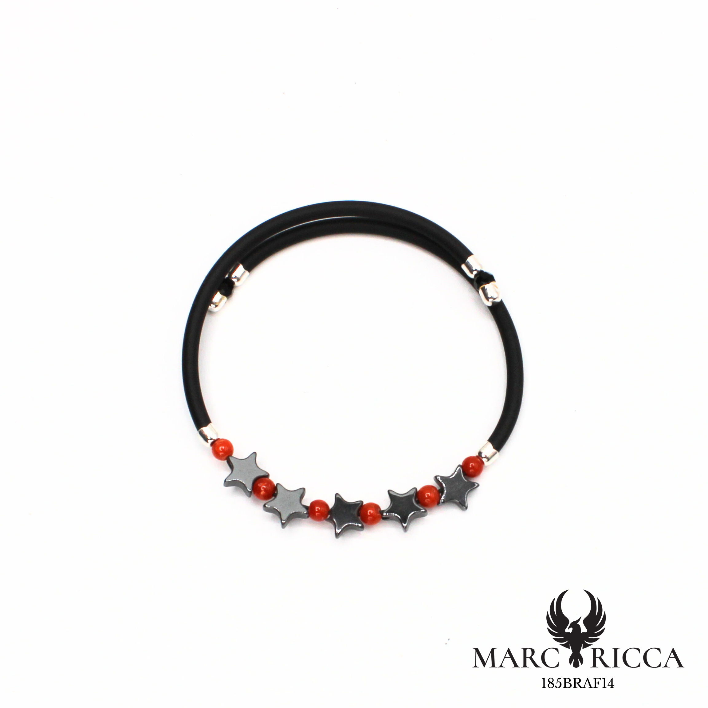 Jonc en Caoutchouc avec Perles de Corail Rouge & 5 Étoiles en Hématite