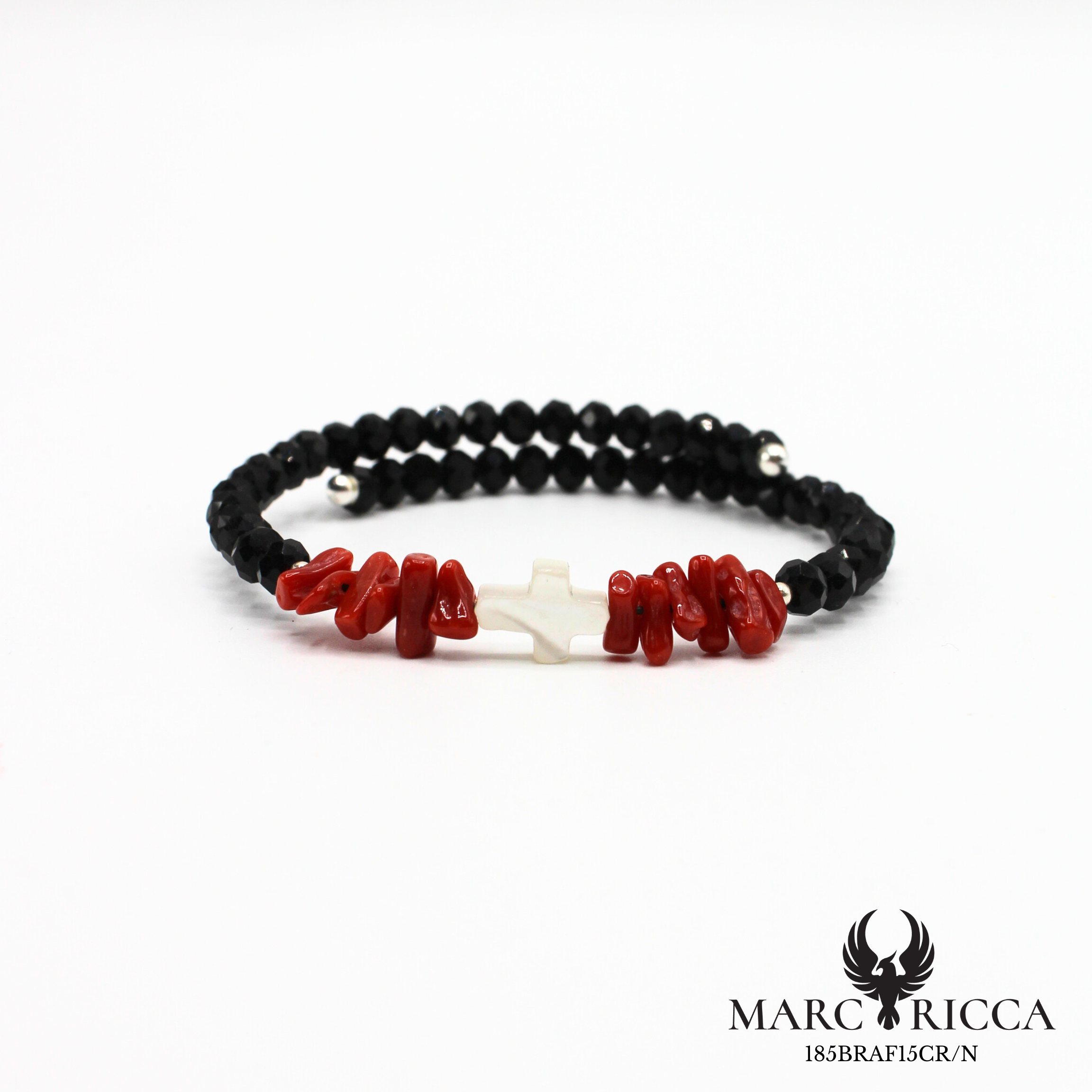 Bracelet jonc en cristal avec croix en nacre et corail