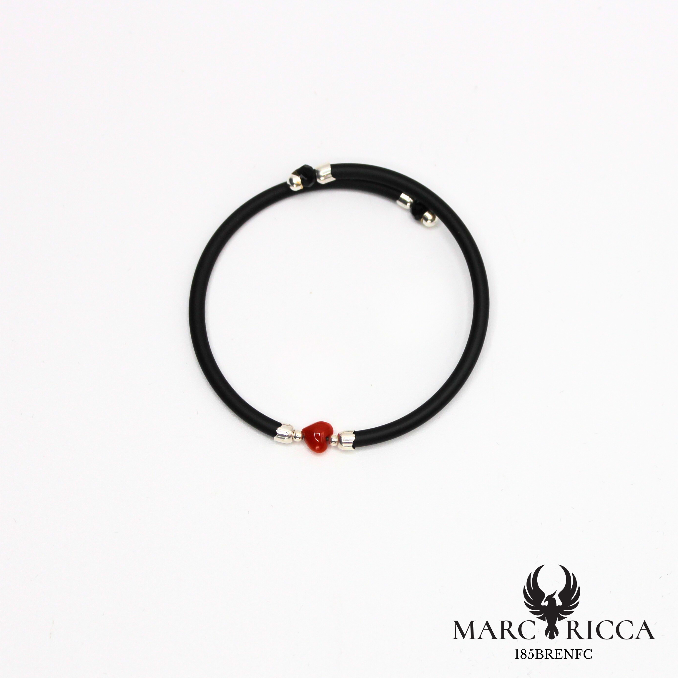 Bracelet jonc caoutchouc avec cœur en corail sur argent