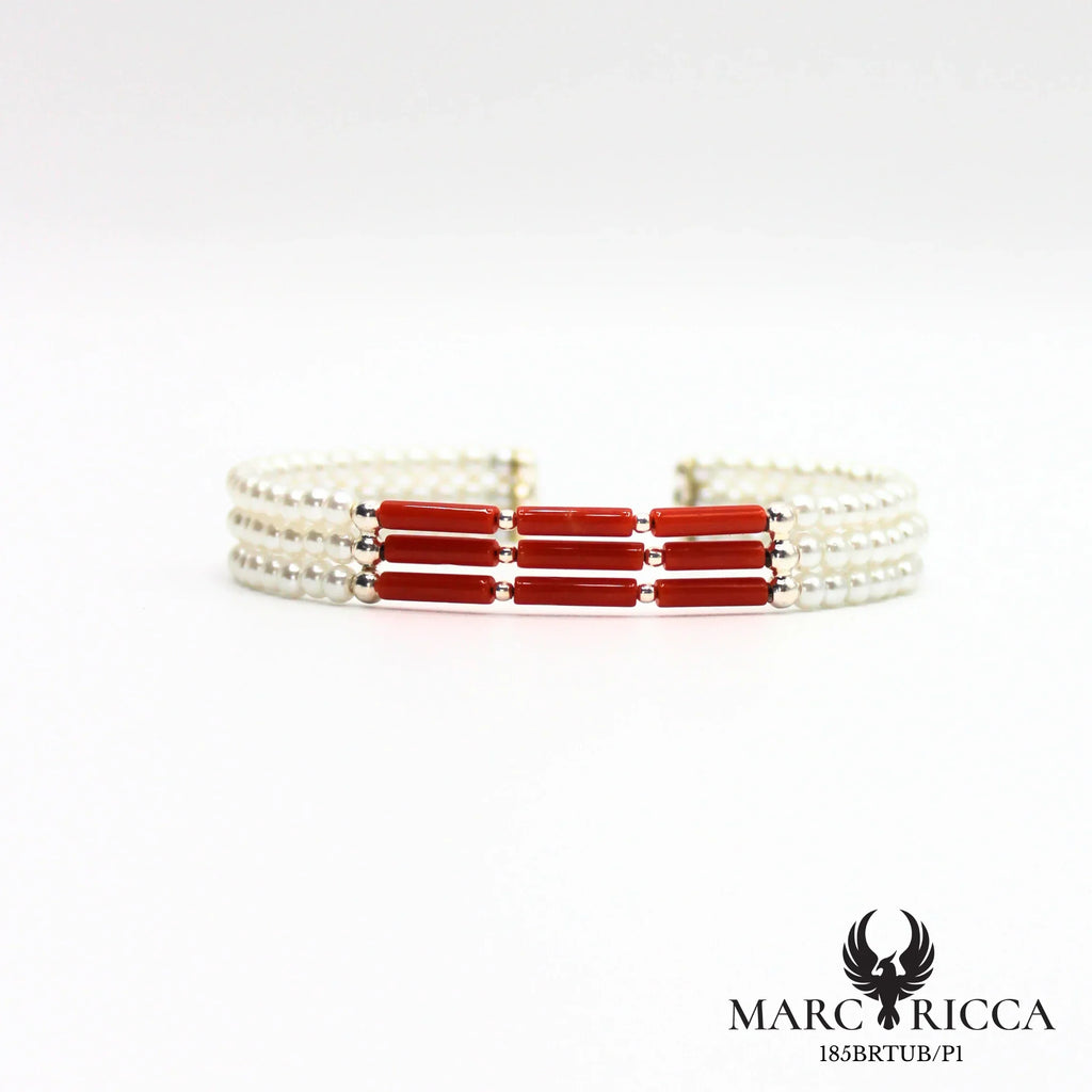 Bracelet jonc 3 rangs perles nacrées et tubes de corail