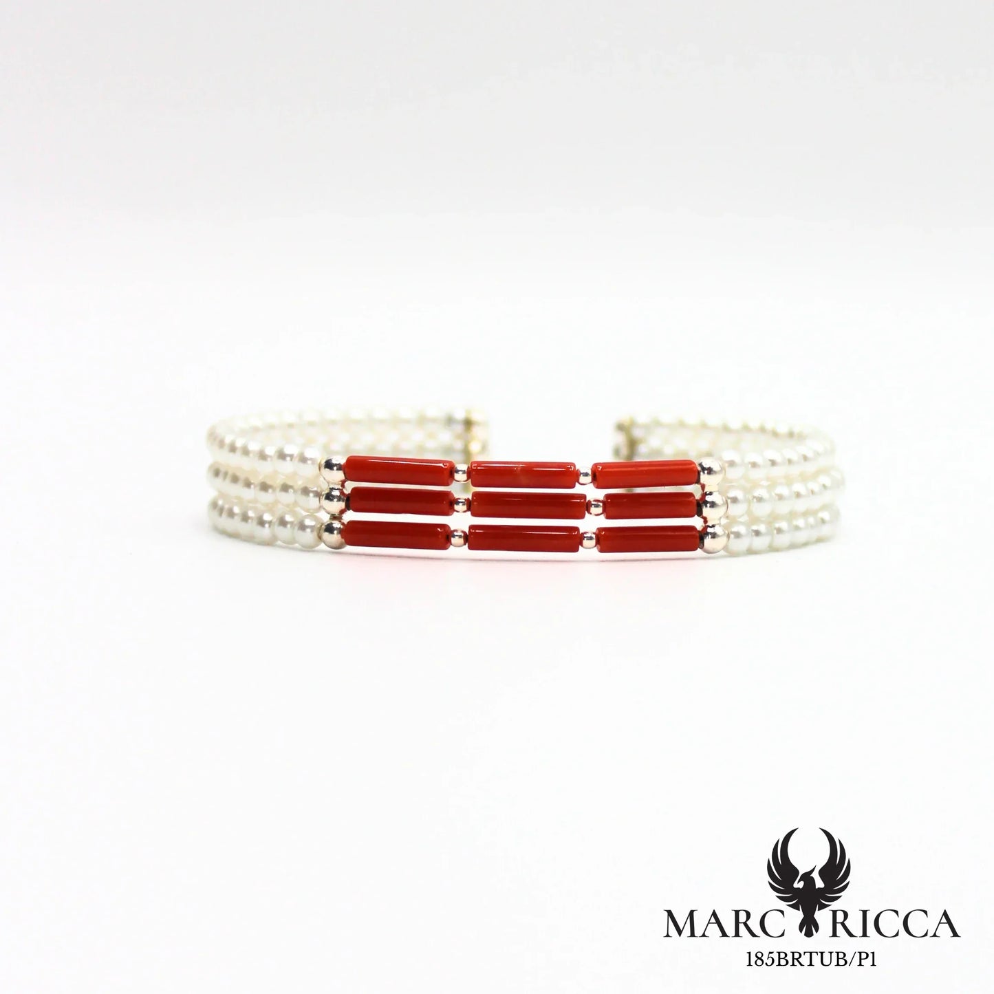 Bracelet jonc 3 rangs perles nacrées et tubes de corail