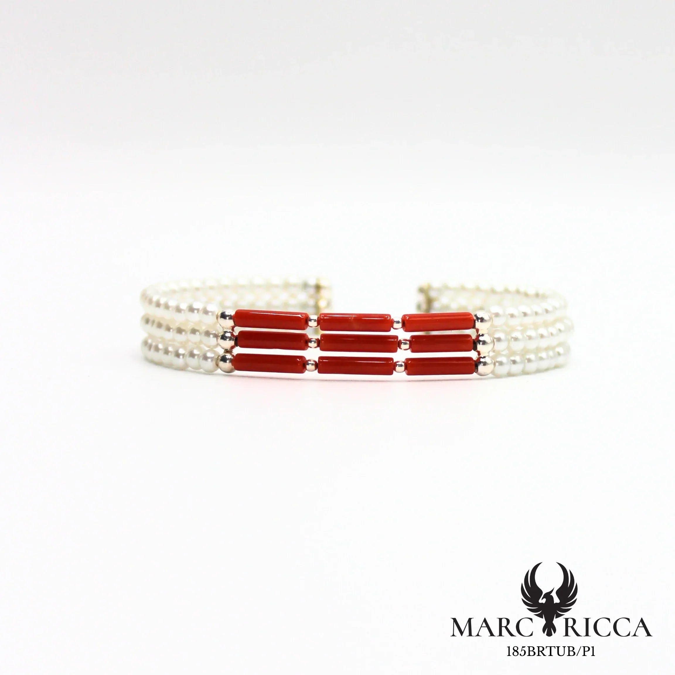 Bracelet jonc 3 rangs perles nacrées et tubes de corail