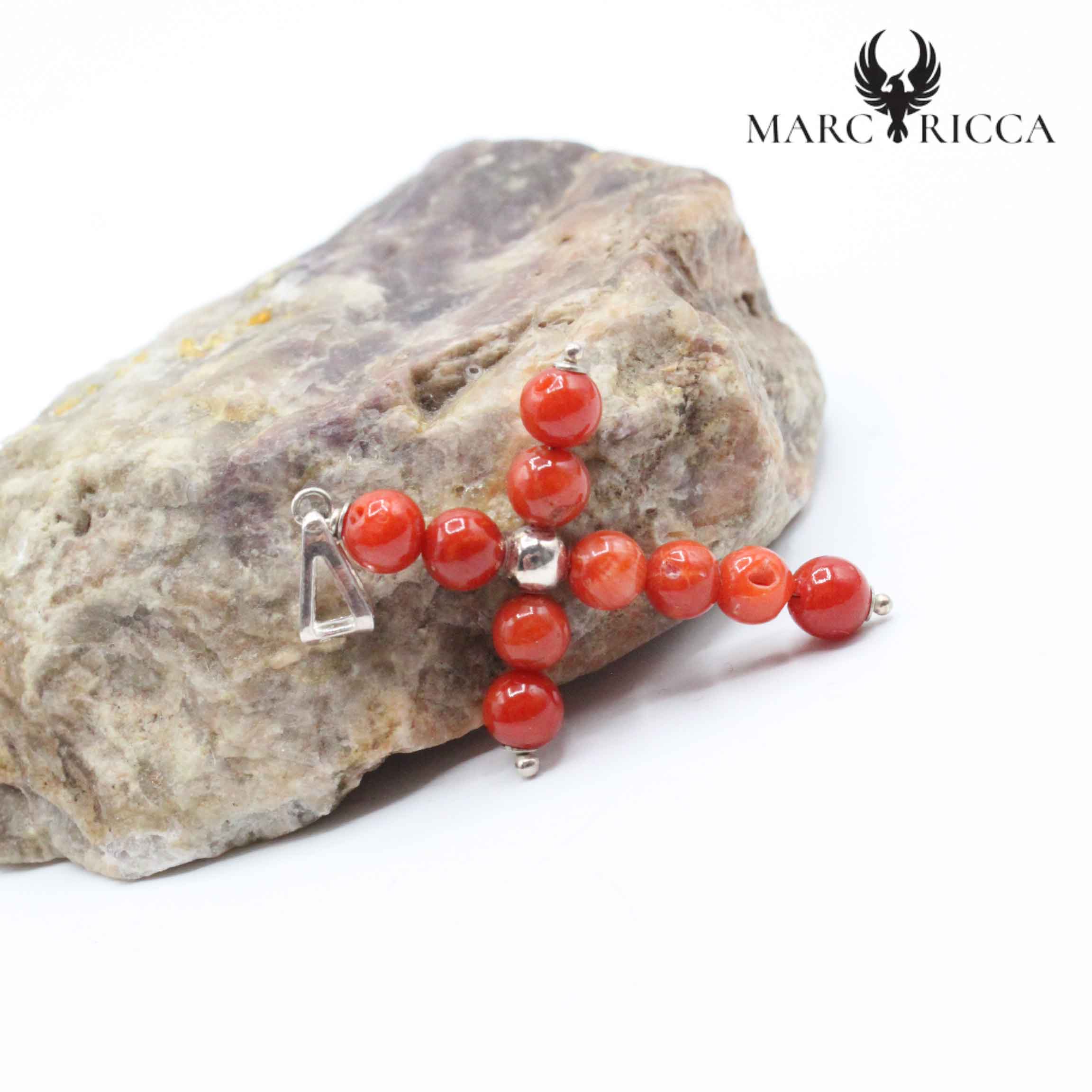 Pendentif Argent Croix Corail Rouge