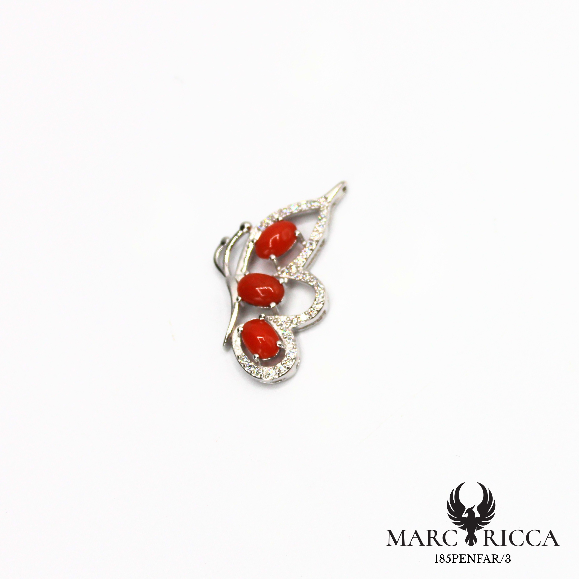 Pendentif papillon en argent avec corail et zirconium