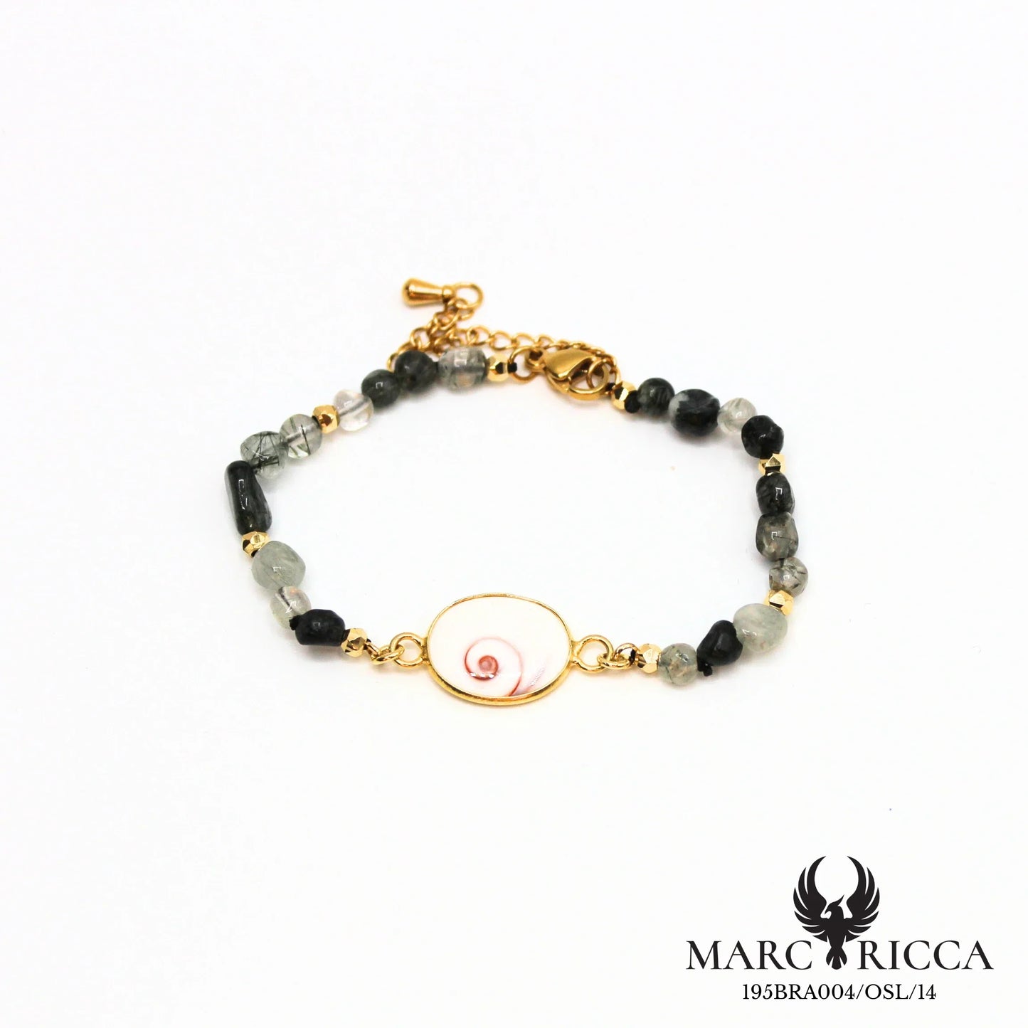 Bracelet perles de verre et œil de Sainte Lucie en acier doré