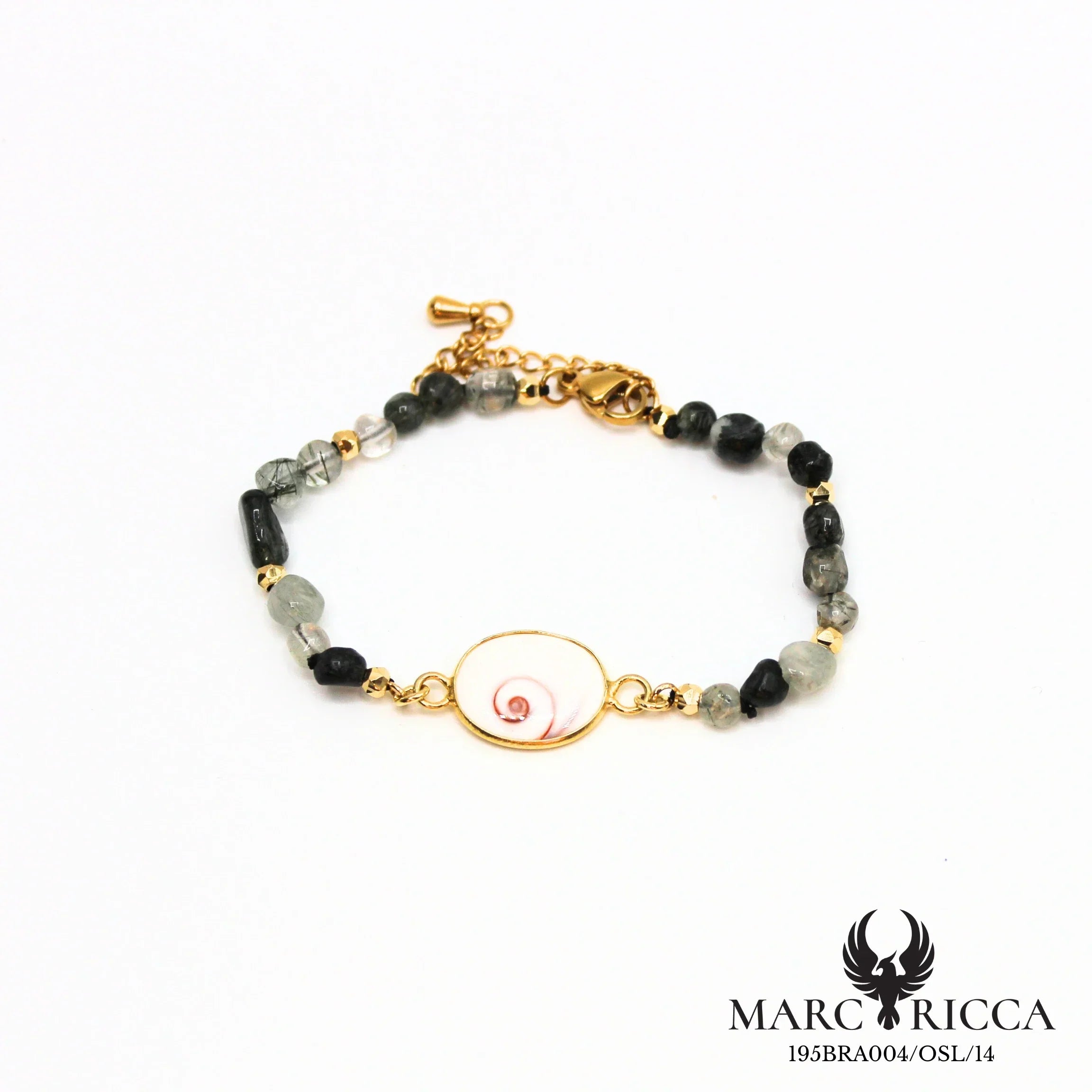 Bracelet perles de verre et œil de Sainte Lucie en acier doré