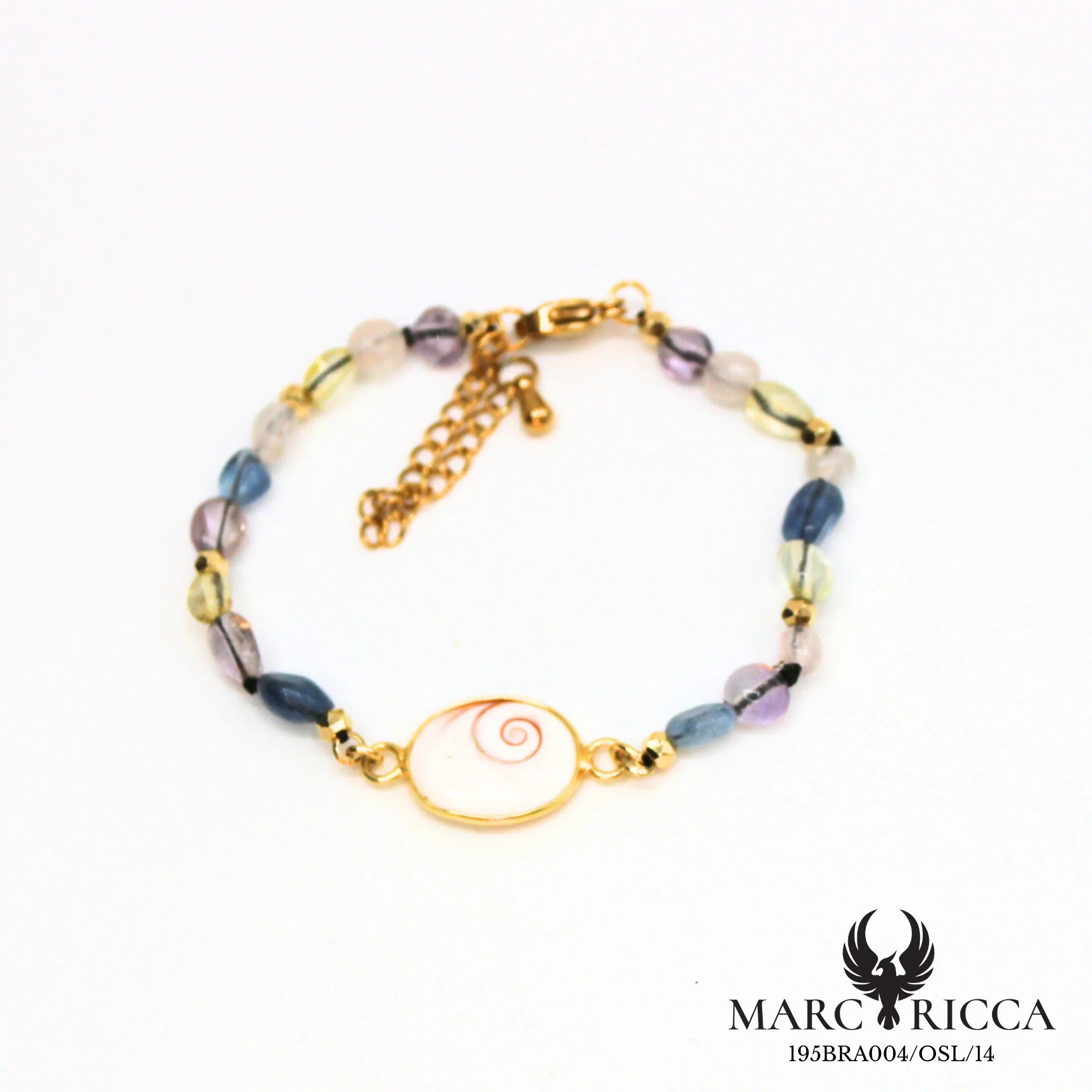 Bracelet perles de verre et œil de Sainte Lucie en acier doré