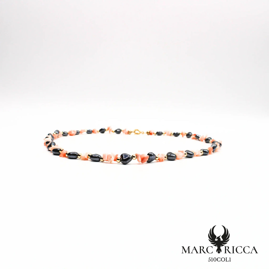 Collier corail rose & cœurs en Hématite