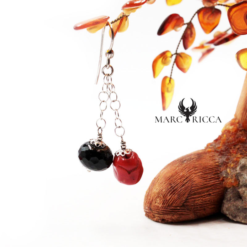 Boucles Argent Chainette Corail & Cristal Noir