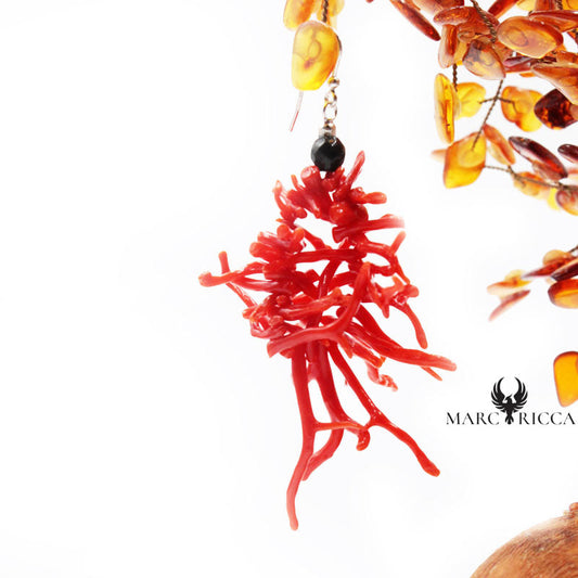 Boucles Argent Corail Frange & Cristal Noir