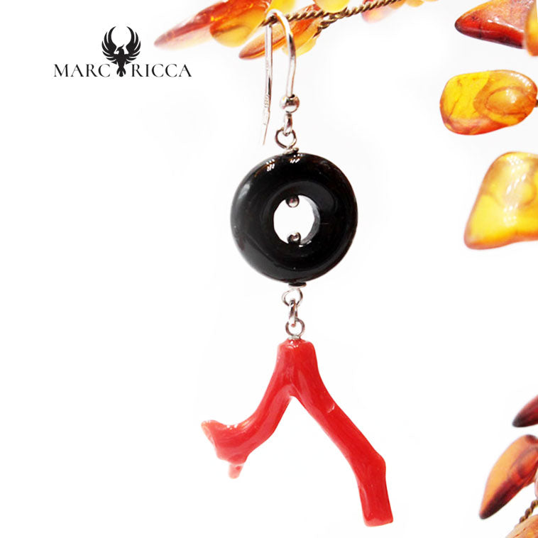 Boucles Argent Branche de Corail & Onyx