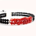 Bracelet Jonc Argent 2 Rangs Cristaux Noirs & Corail