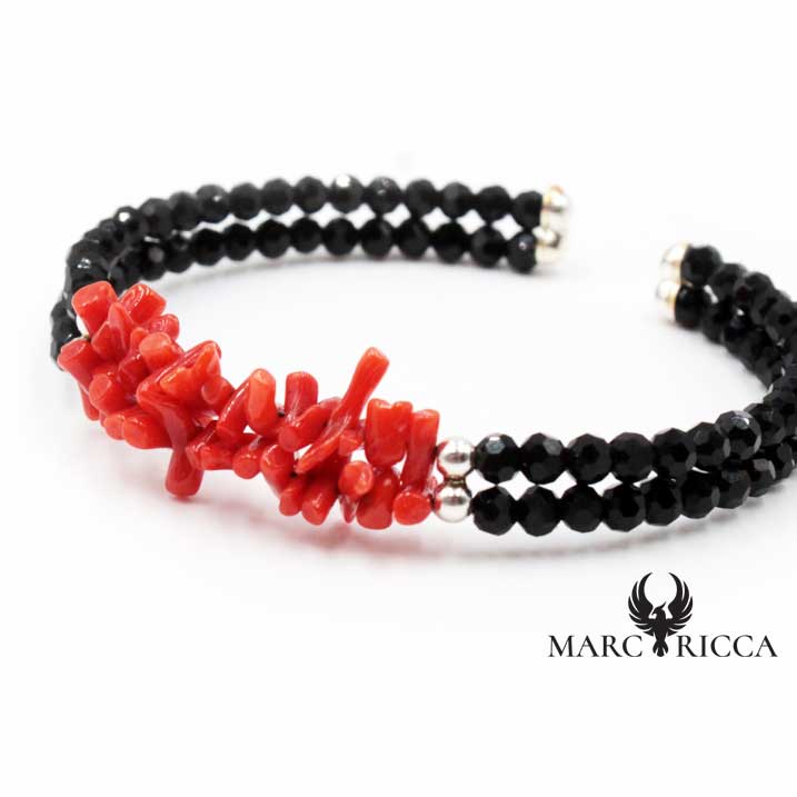 Bracelet Jonc Argent 2 Rangs Cristaux Noirs & Corail